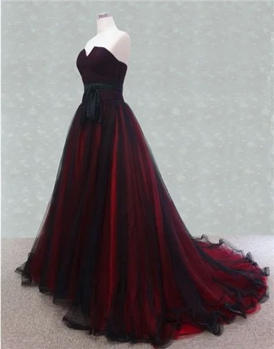 comfy dressStrapless Black and Red Tulle Sweep Train Prom Dress Y1155