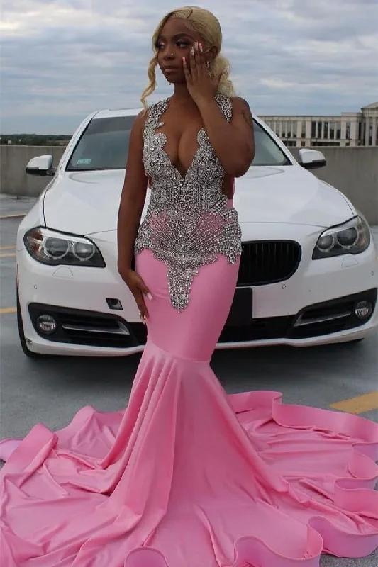 Low Prices flowy dressPink V-Neck Beadings Black Girl Mermaid Long Prom Dress, DP2653