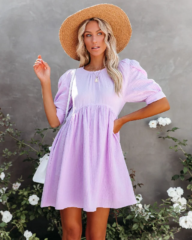 Shop and Save denim dressAmber Cotton Pocketed Puff Sleeve Dress - Lavender