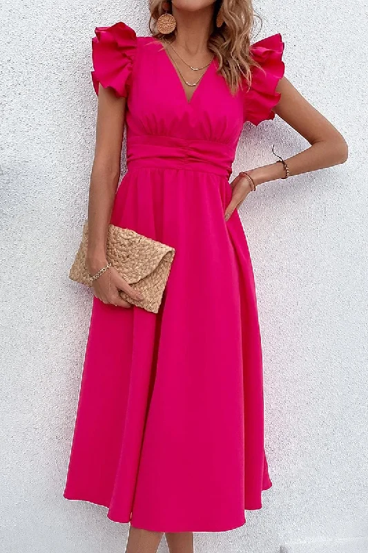 Super Sale party-ready dressROSE SHOULDER WRINKLED TIGHTEN WAIST FLARE DRESS