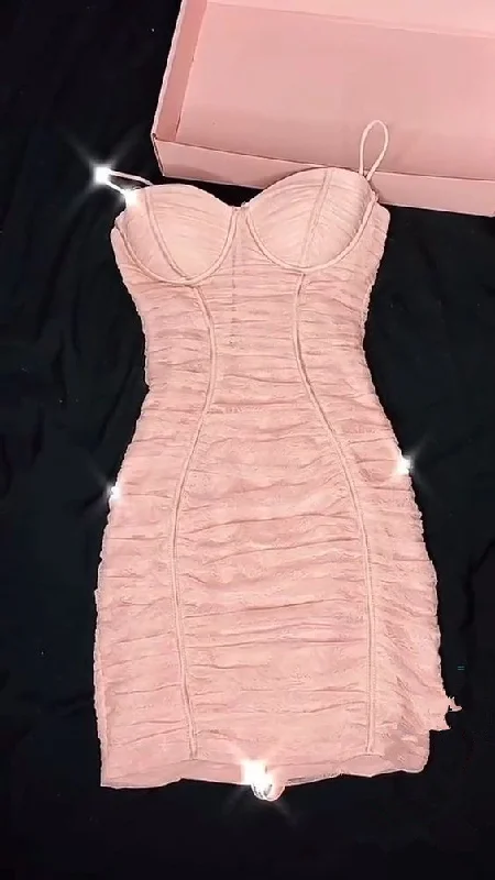 chic shift dressFeminine Sexy Style Pink Pleated Spaghetti Strap Body Dress Mini Homecoming Dress Y380