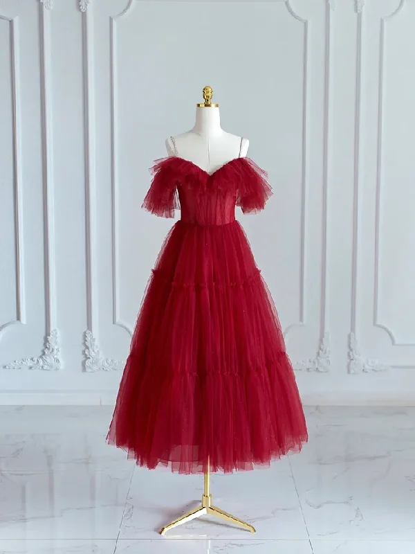Price Reduction bohemian dressBurgundy Off Shoulder A-Line Tea Length Evening Party Dress,DP1731