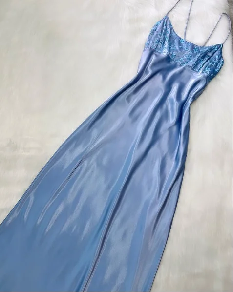 Early Access tiered dressSky Blue Straps Satin Embroidery Vintage Long Party Dress, DP2286 Early Access tiered dressSky Blue Straps Satin Embroidery Vintage Long Party Dress, DP2286