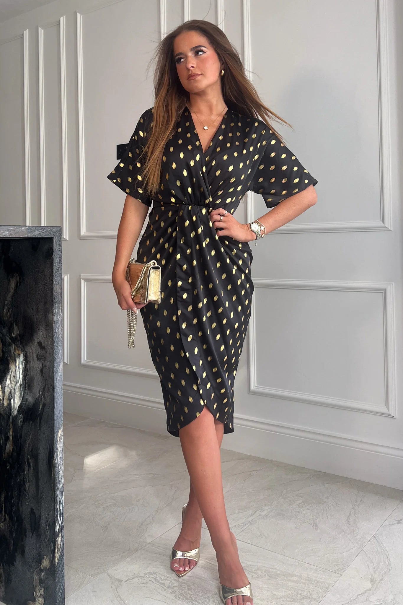 Midnight Madness casual knit dressJody Black and Gold Foil Printed Wrap Style Dress
