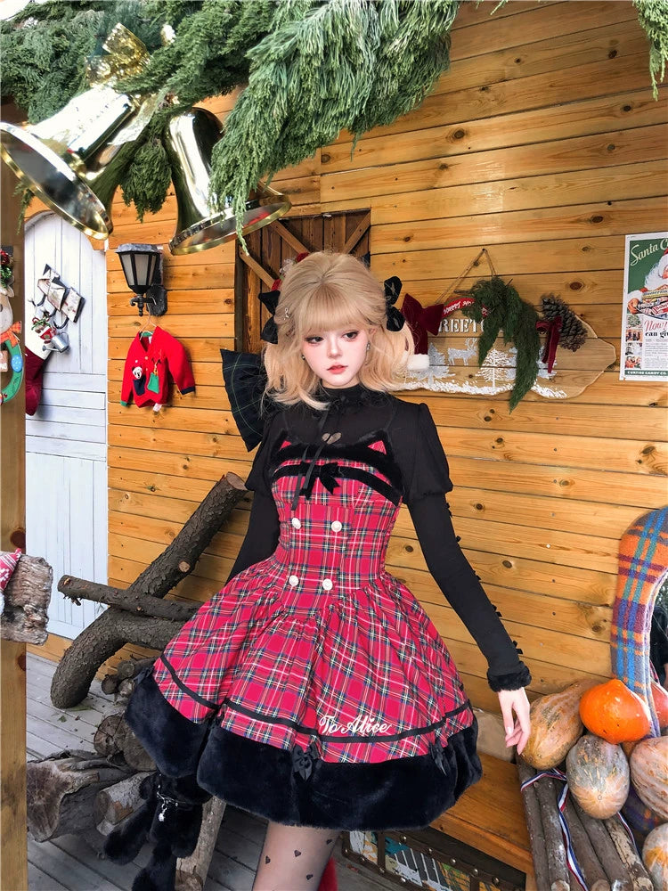 pleated dressTo Alice~Black Cat and Miss~Christmas Sweet Lolita Plaid Dress with Hooded Cape