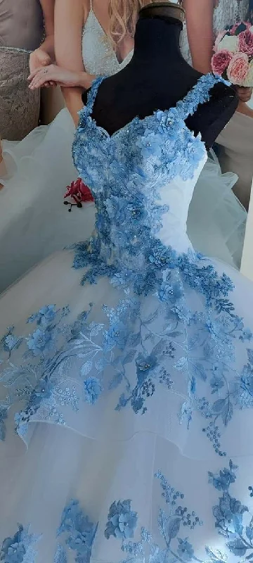 fitted bodycon dressWinter Wonderland Blue Flowers And White Tulle Ball Gown,Sweet 16 Dress Y758