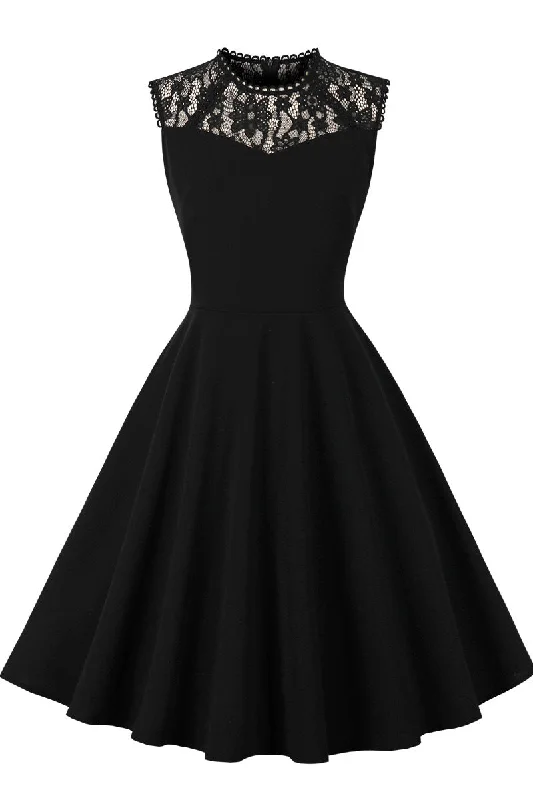 spaghetti strap dressSheer Lace Neck Black Swing Dress