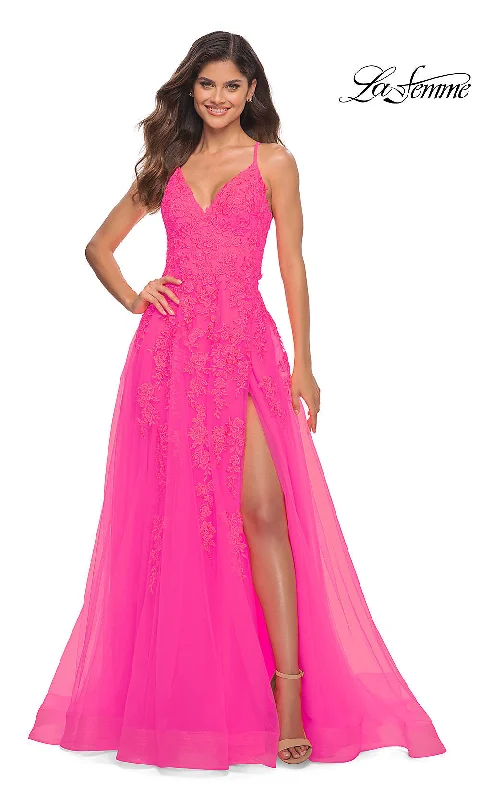 romantic dressLa Femme Neon Pink Embroidered Long Prom Dress