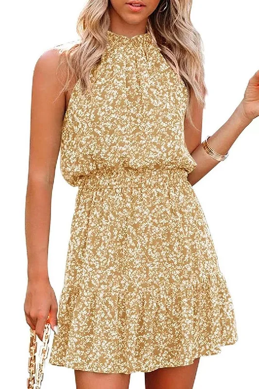 Bonus Savings floral midi dressFLORAL TIGHTEN WAIST SHORT HALTER NECK DRESS