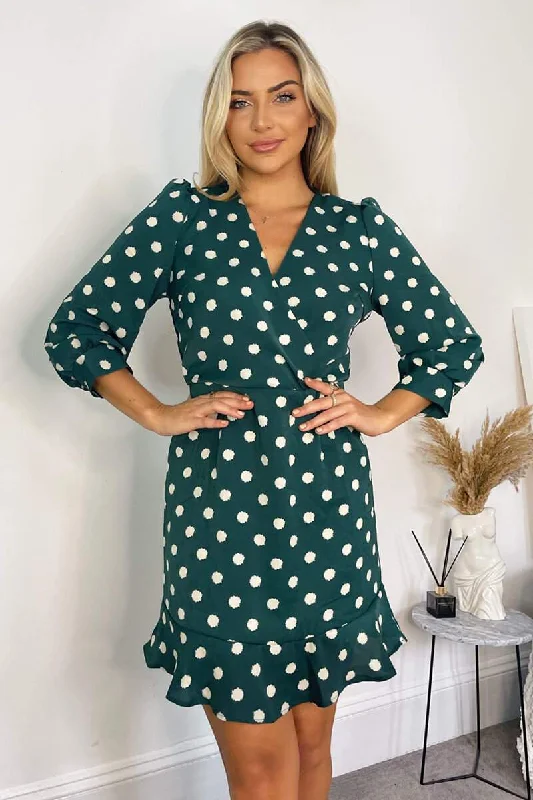 Savings Alert cocktail party dressJenna Emerald Green Spot Print Frill Hem Dress