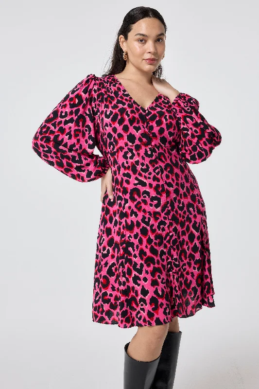 Special Price minimalistic dressPink with Red and Black Pop Leopard Blouson Sleeve Godet Short Dress