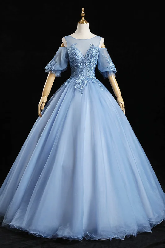 Year-End Sale Blue Appliqued Ball Gown Jewel Tulle Off-the-shoulder Long Prom Dress GJS472
