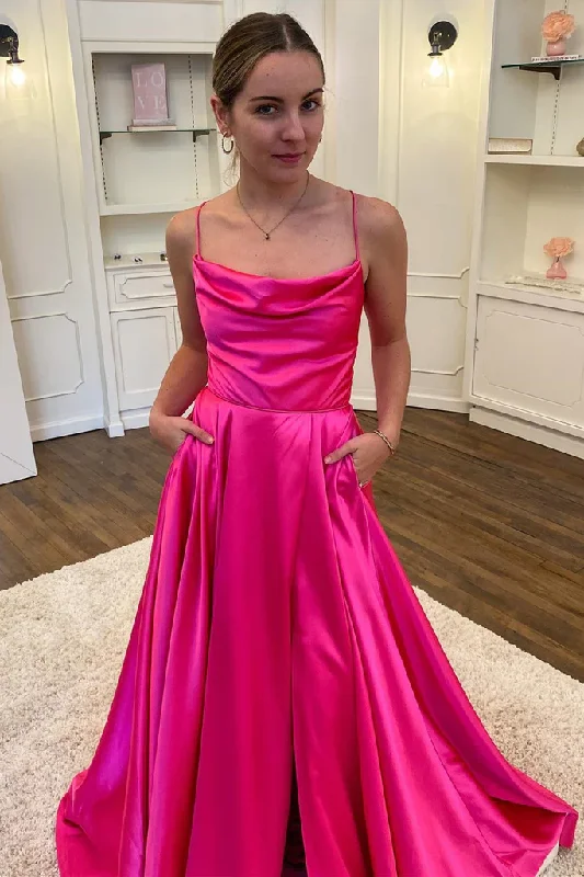 satin dressSimple Backless Fuchsia Satin Long Prom Dress with High Slit, Backless Fuchsia Formal Graduation Dress with Pocket Y213