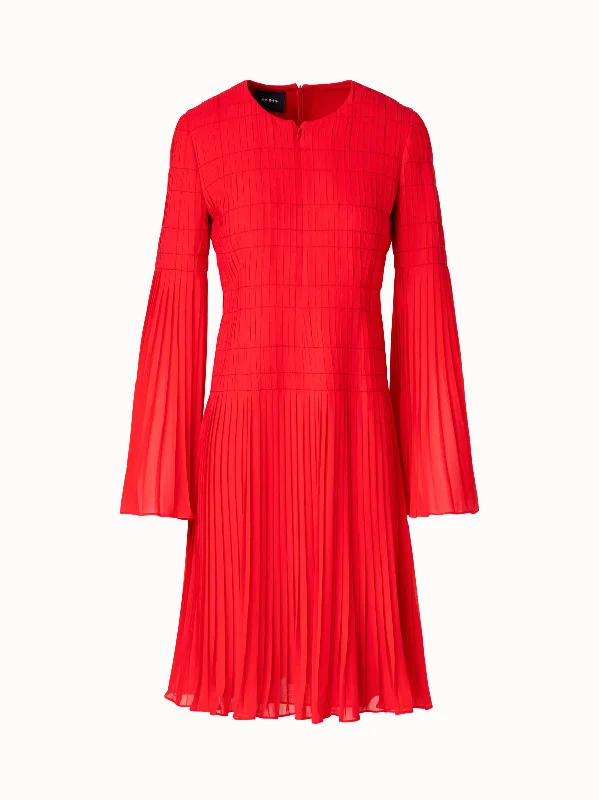 Online Only lace-up dressShort Pleated Dress with Long Flared Sleeves