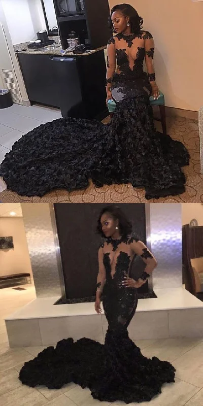 minimalistic dressMermaid Black Prom Dress Lace Long Sleeve African Prom Dress Y1255