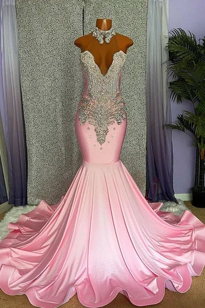 Savings Event oversized dressChic High Neck Pink Long Mermaid Beading Black Girl Prom Dress, DP2309 Savings Event oversized dressChic High Neck Pink Long Mermaid Beading Black Girl Prom Dress, DP2309
