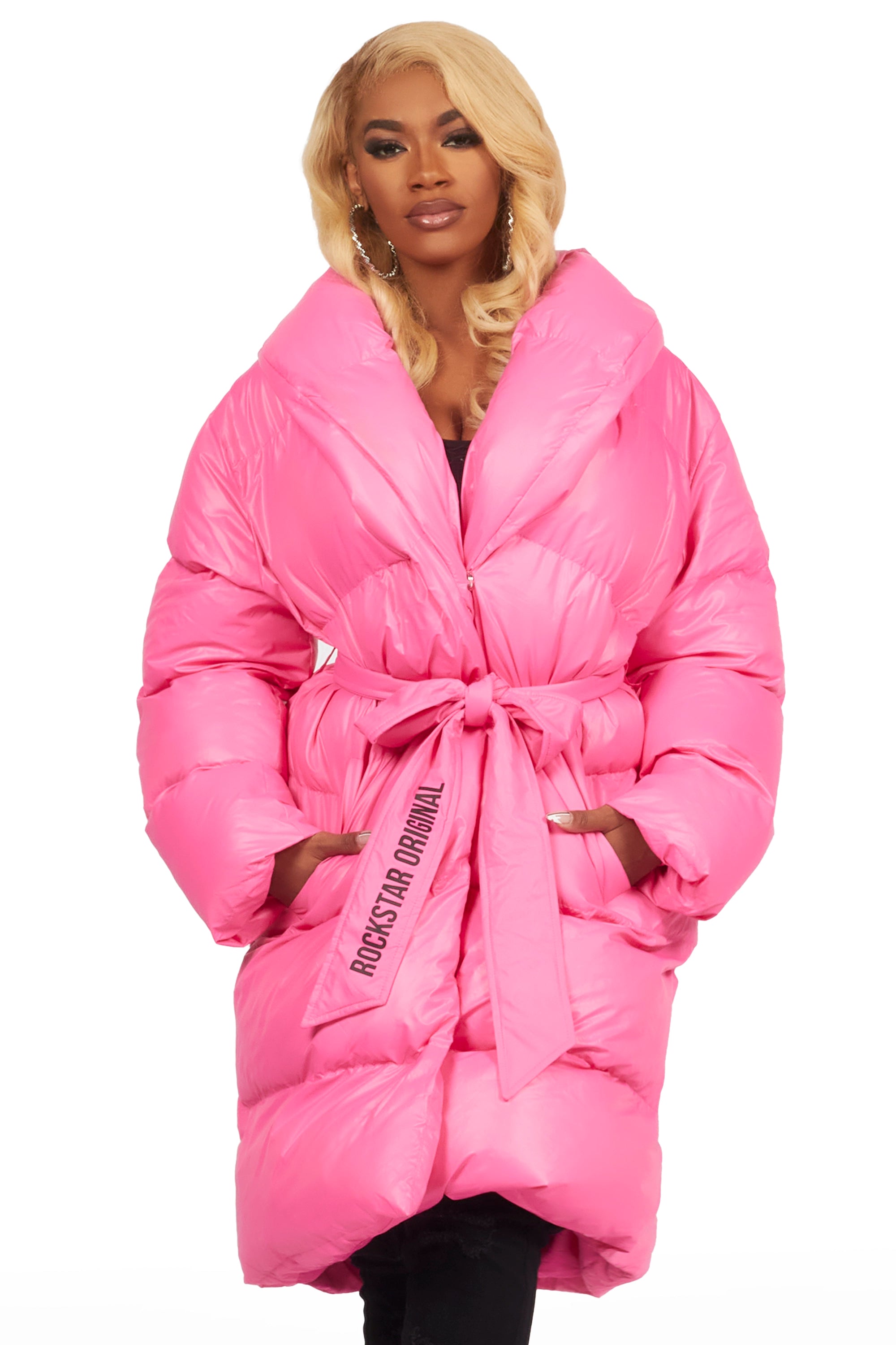 Super Savings Sehrazat Hot Pink Long Wrap Puffer Jacket