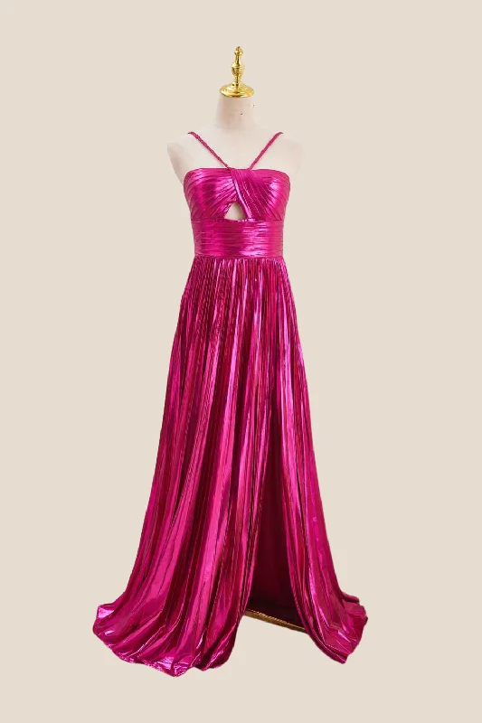 minimalistic dressHalterFuchsia Pleated Metallic Long Dress