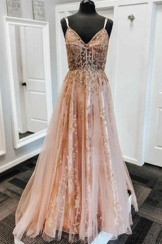 elegant maxi dressA-Line Straps Blush Pink Prom Dress with Embroidery Y1162