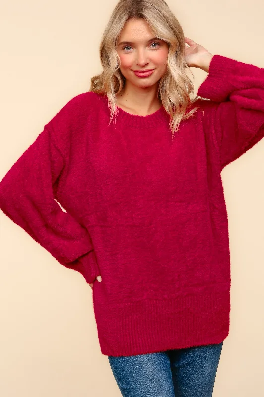 oversized coatRED FUZZY SOFT BRUSHED HAIRY SWEATER KNIT TOP