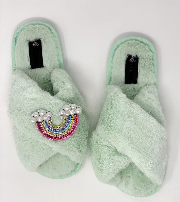 One-DAY Sale off-shoulder dressCrystal Mint Fluffy Slippers with Rainbow Embellishment One-DAY Sale off-shoulder dressCrystal Mint Fluffy Slippers with Rainbow Embellishment