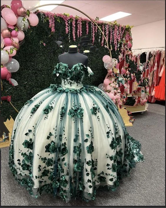 wrap dressGreen Ball Gown Quinceanera Dresses Off Shoulder 3d Flowers Beads Applique Sweet 15 16 Party Prom Dress Y292