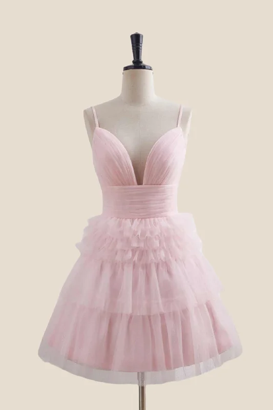 winter dressPlunge Neck Pink Tiered A-line Short Dress