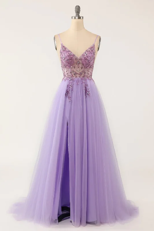 fitted dressSexy Purple V Neck Beaded Tulle Long Prom Dress,Graduation Dress Y1348