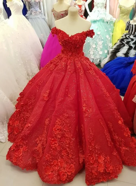 casual shift dressLuxurious Off The Shoulder Red Ball Gown 3D Flowers,Quinceanera Dress  Y1217