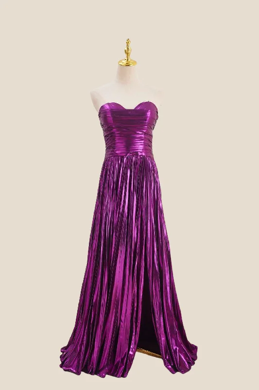 casual dressSweetheart Purple Pleated Metallic Long Dress