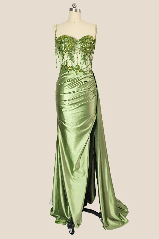 A-line dressSweetheart Sage Green Appliques Long Dress