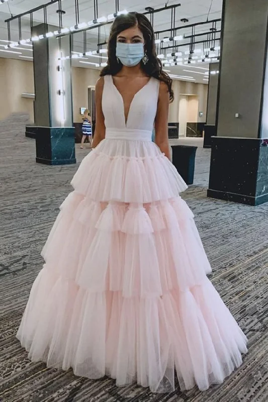 shift dressPrincess Tulle Tiered Pink Long Prom Dresses,Pink Sweet 16 Dress,Graduation Dresses Y939