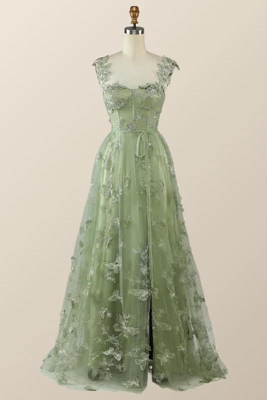 summer floral dressSage Green Butterfly A-line Long Formal Dress