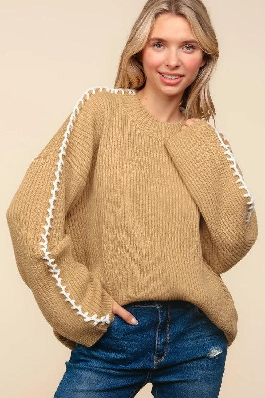 Overstock Plus Taupe Long Sleeve with Stitch Detail Sweater