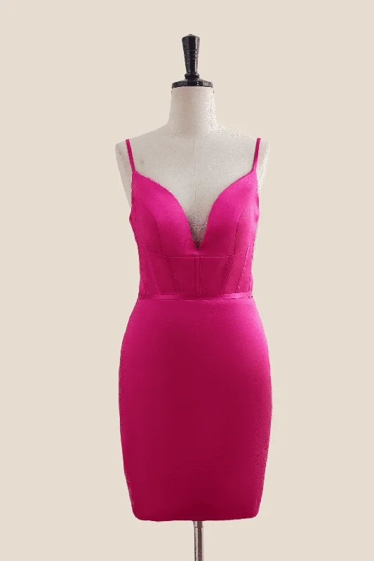 relaxed fit dressV Neck Hot Pink Ruched Bodycon Short Dress