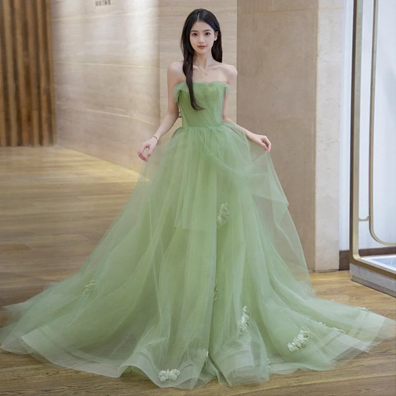 puff sleeve dressBeautiful Light Green Princess Tulle Long Evening Formal Dress, Light Green Prom Dresses Y622