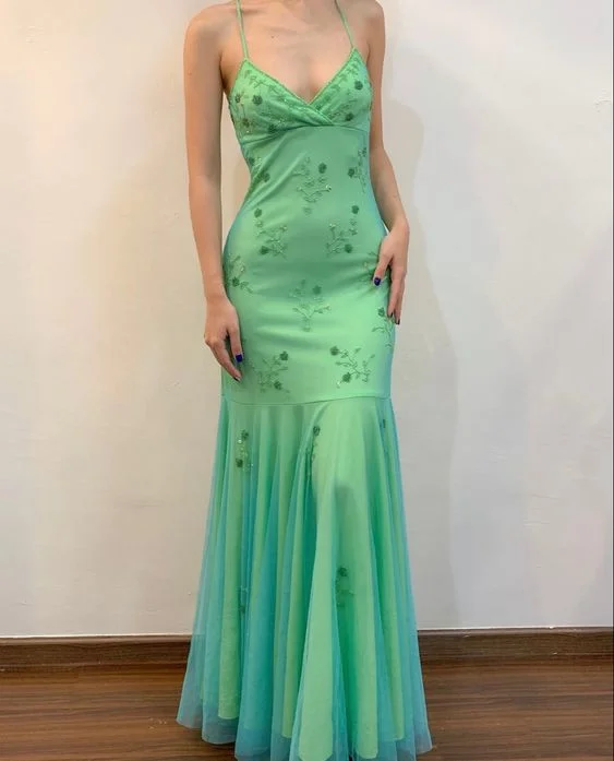Take Advantage denim dressGreen Beading Tulle Backless Charming Vintage Evening Party Dress, DP2498