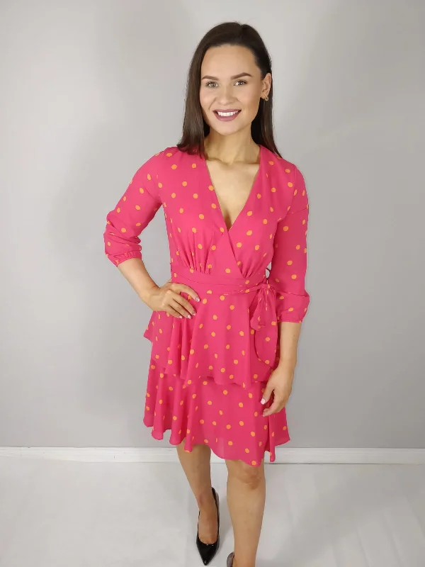 Overstock v-neck dressSaskia Cerise Pink Polka Dot Frilled Midi Dress