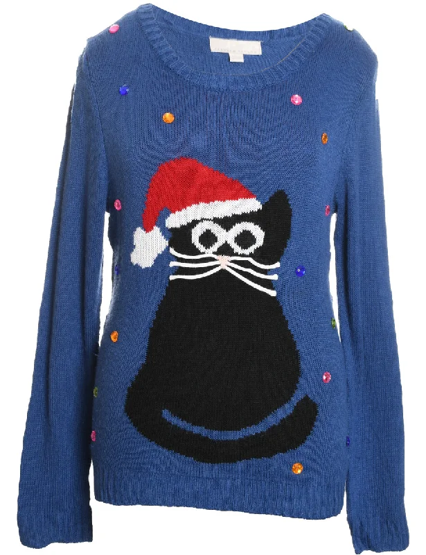 Can't Miss Cat Printed Christmas Jumper - L