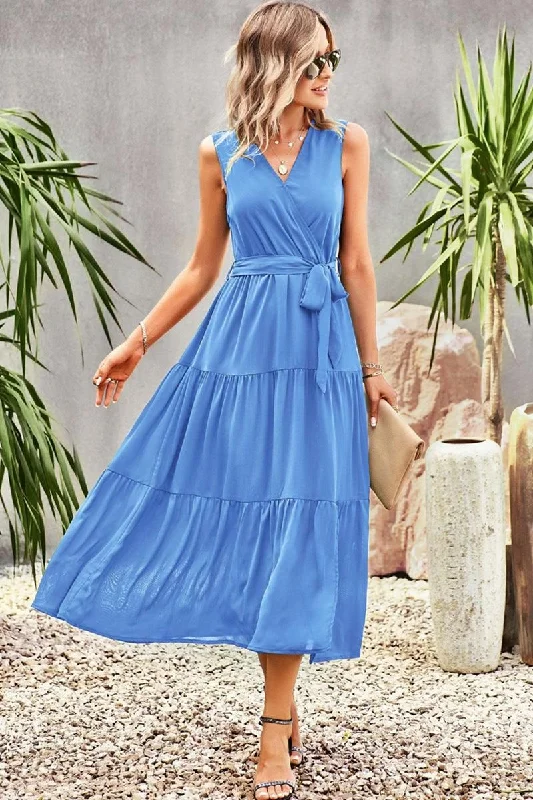 Don’t Miss Out long-sleeve floral dressV NECK SLEEVELESS WAIST TIED CASUAL DRESS