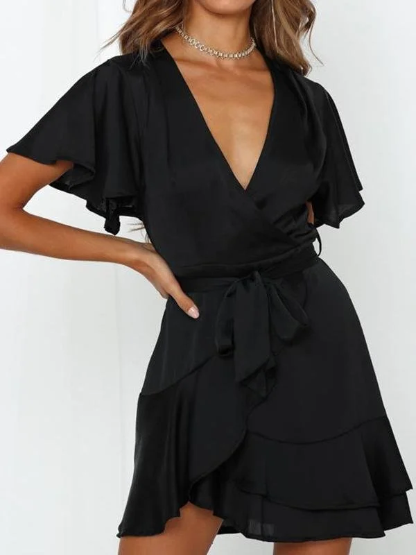 Super Deal sleeveless dressV-neck Ruffled Belt Wrap Mini Dress