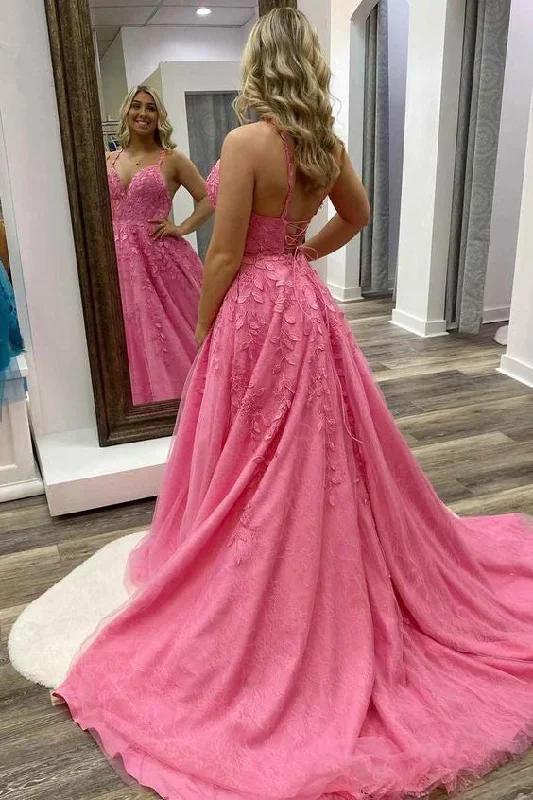 elegant evening dressHot Pink A-line Lace Appliques Prom Dress Y654