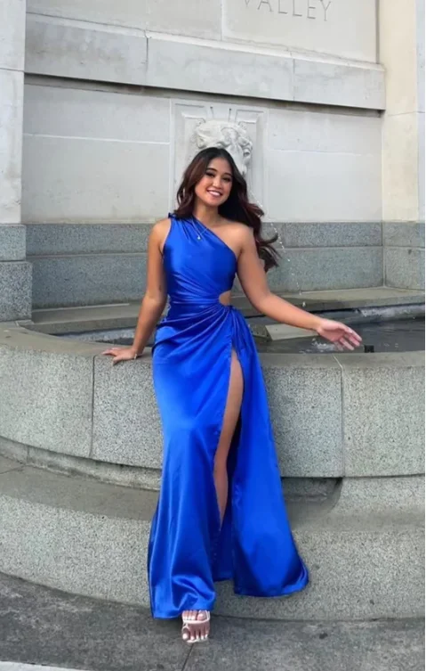 Seasonal Clearance mini dressRoyal Blue One Shoulder Satin Cut Out Party Dress with Slit, DP2333 Seasonal Clearance mini dressRoyal Blue One Shoulder Satin Cut Out Party Dress with Slit, DP2333