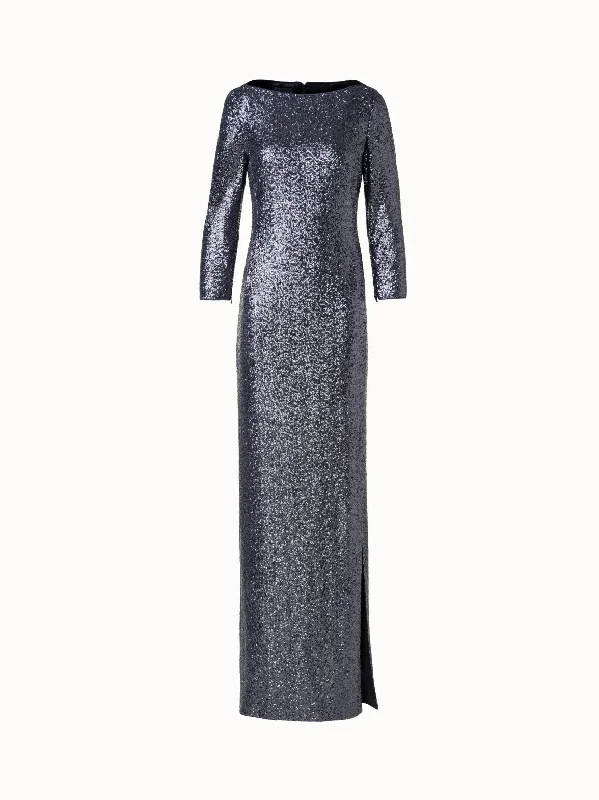 Clearance Items midi dressLong Sequins Jersey Evening Gown with Long Sleeves