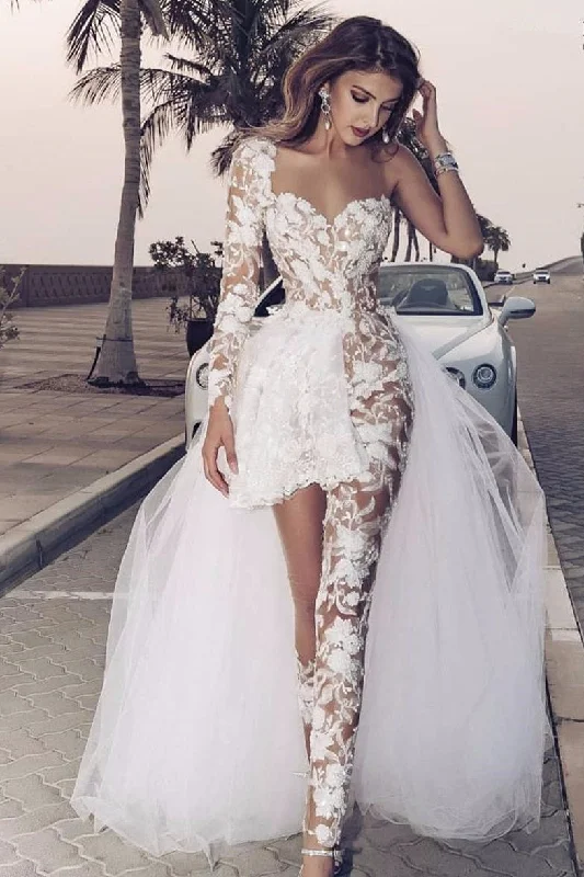 Online Only Special Two-piece Tulle Hi-lo Wedding Dress Lace Short Sexy One Shoulder With Long Sleeve On One Side