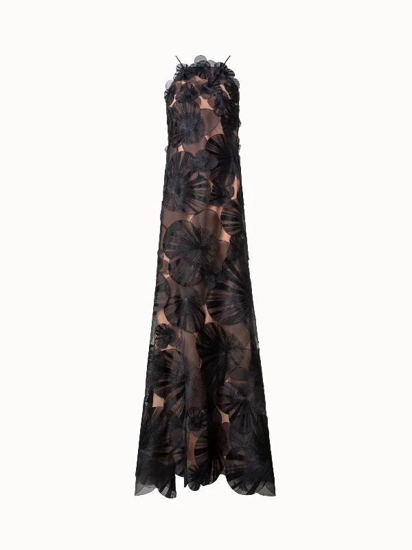 Price Slash pleated maxi dressLong Evening Gown with Allover Poppy Embroidery