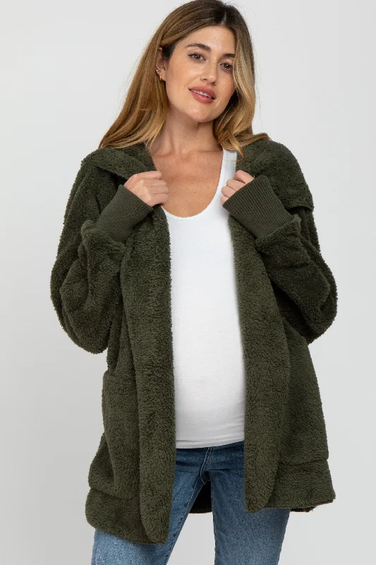 Take Advantage Olive Fuzzy Hooded Long Sleeve Maternity Jacket
