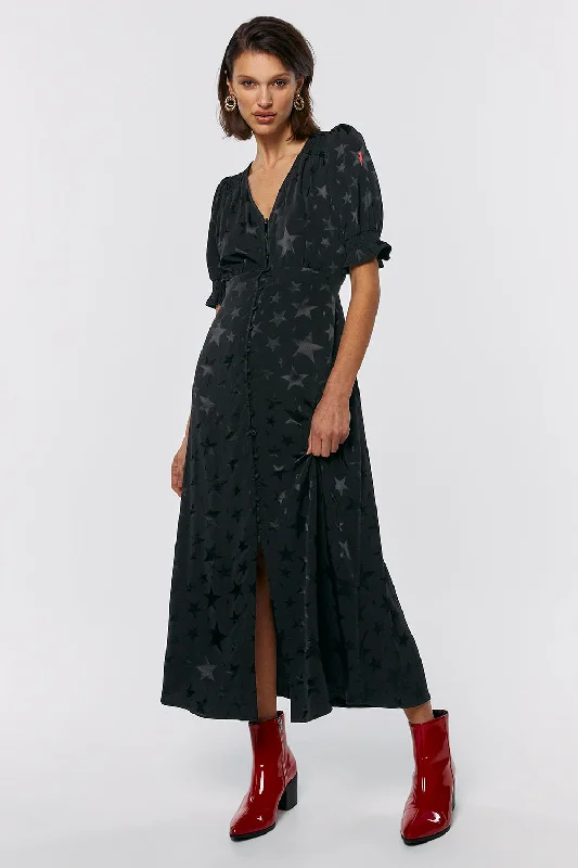 Holiday Sale ashionable dressBlack Jacquard Star Flute Sleeve Midi Tea Dress