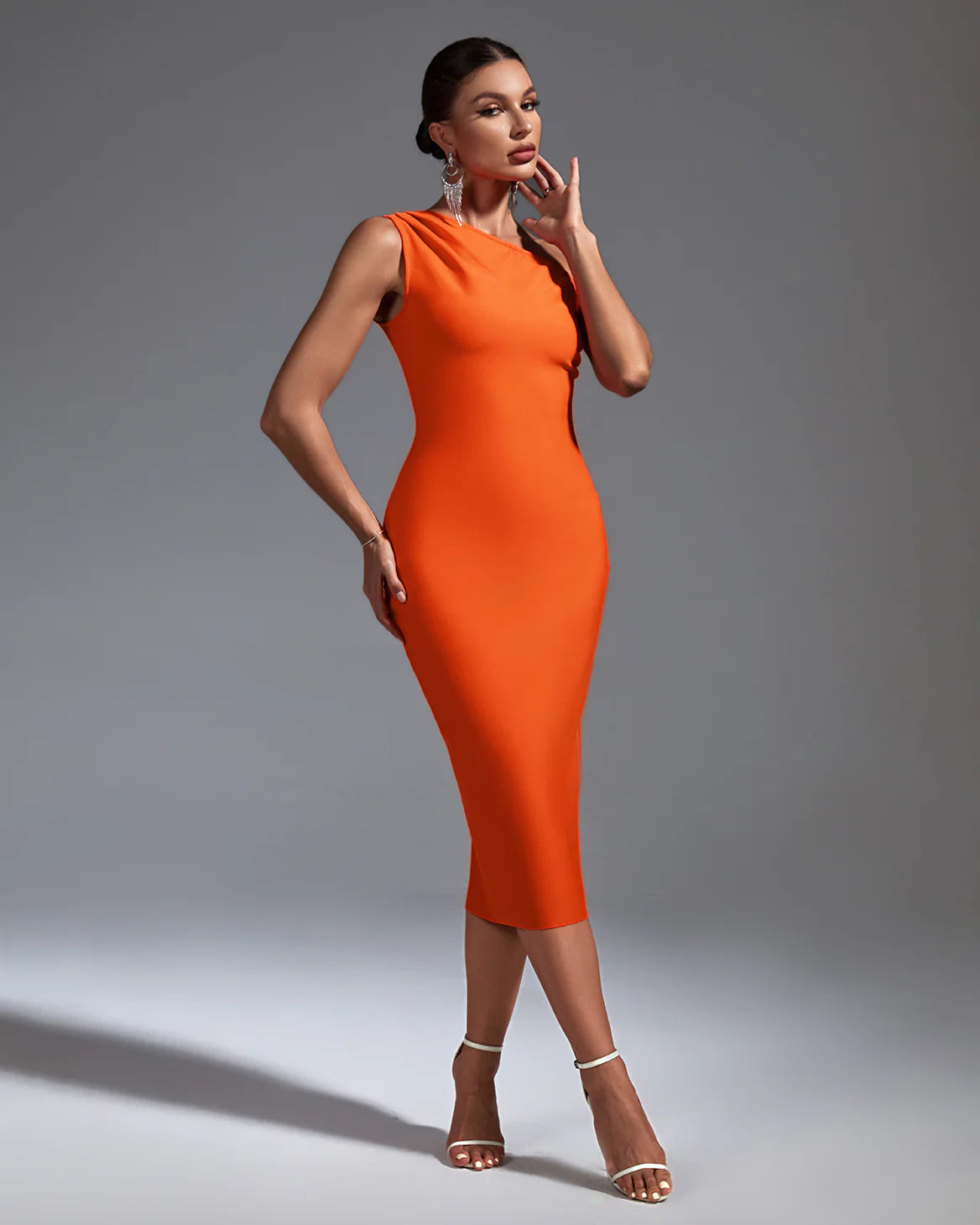 printed dressOrange One Shoulder Sleeveless Midi Bandage Dress