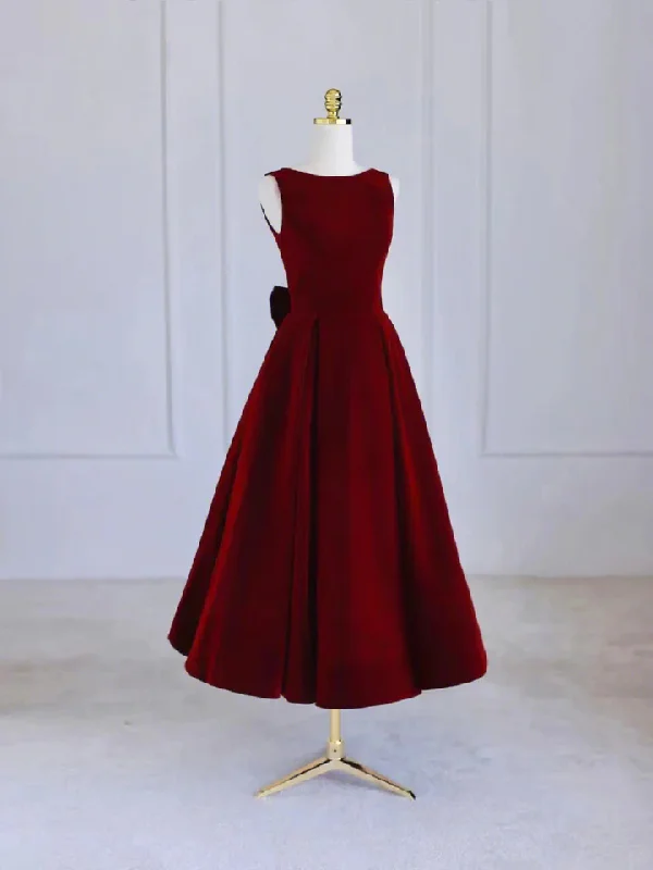 Seasonal Sale floral midi dressBurgundy Elegant A-Line Tea Length Formal Party Dress with Bow,DP1716